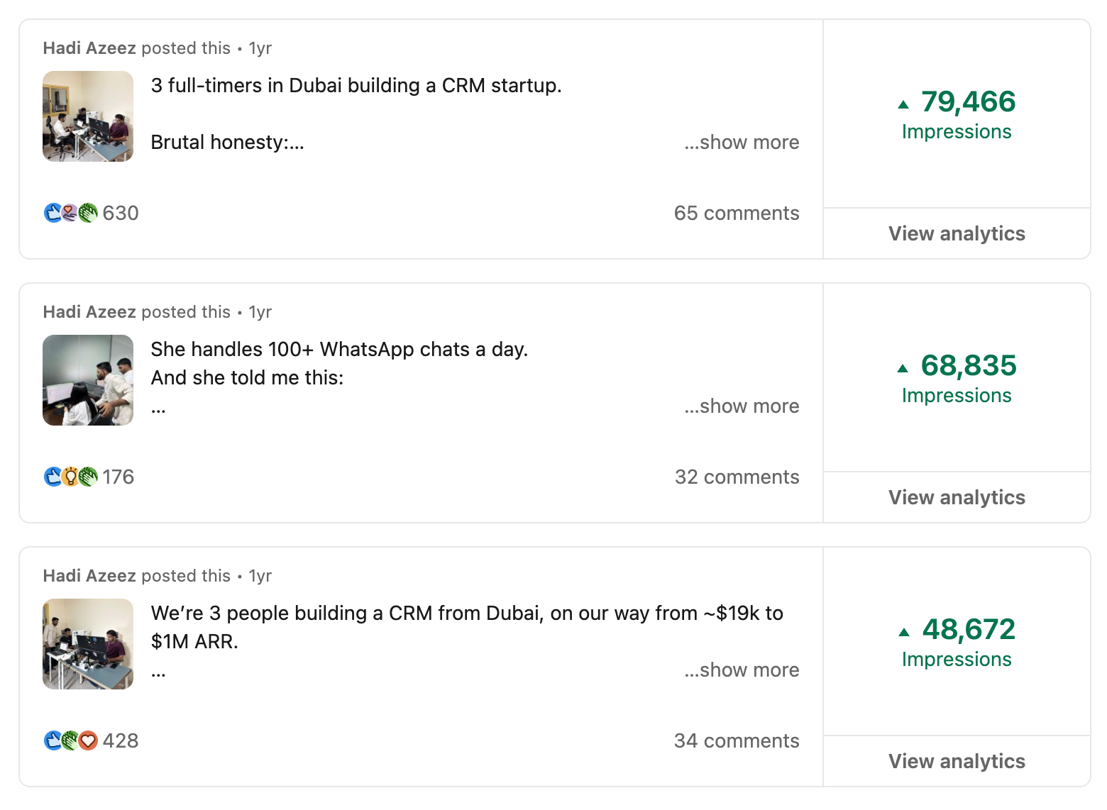 Three LinkedIn posts with 79,466, 68,835 and 48,672 impressions